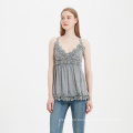 women spaghetti top washed grey color lace hem elegant sexy V neck girl lace camisole with flared edge